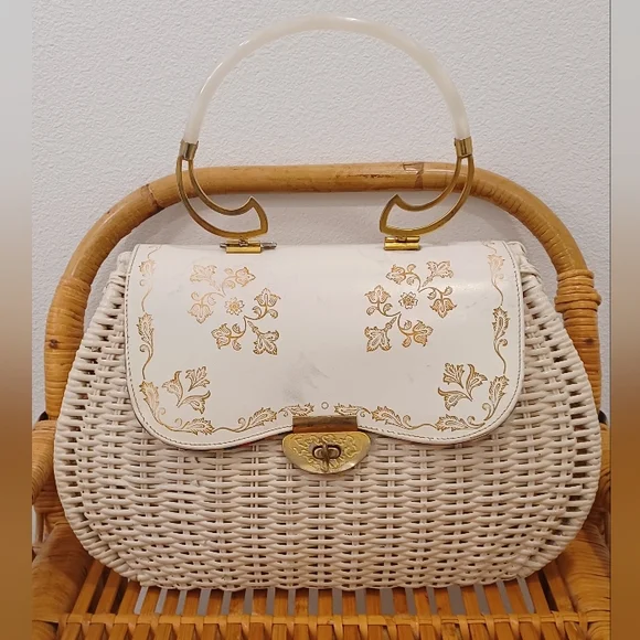Gladys Golden Italian Vintage White Wicker Bag W/ Plaid Interior - Picture 1 of 15
